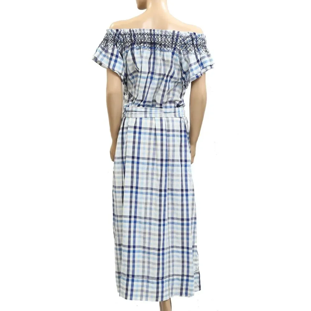 The Great. Plaid Printed Long Maxi Dress Ruffle Off The Shoulder Cotton S 282162